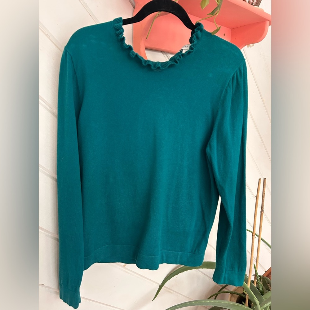 J. Crew Teal Long Sleeve Top with Ruffled Neckline
